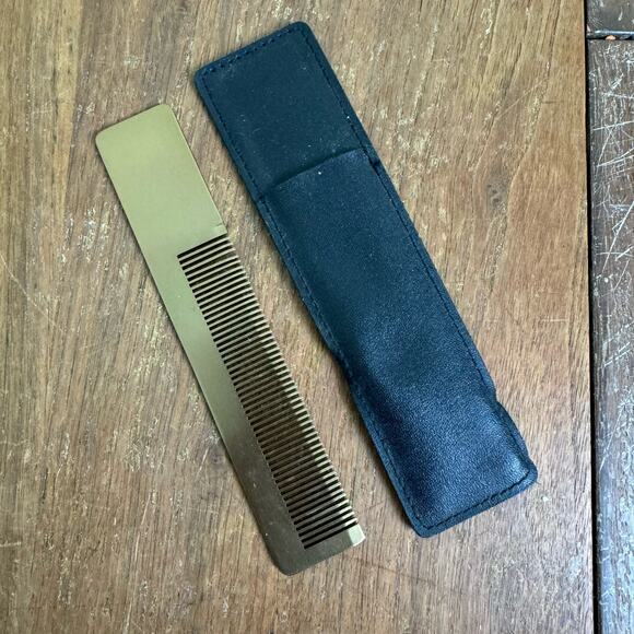 Vintage Polished Brass Pocket Comb with genuine black leather‎ carrying case